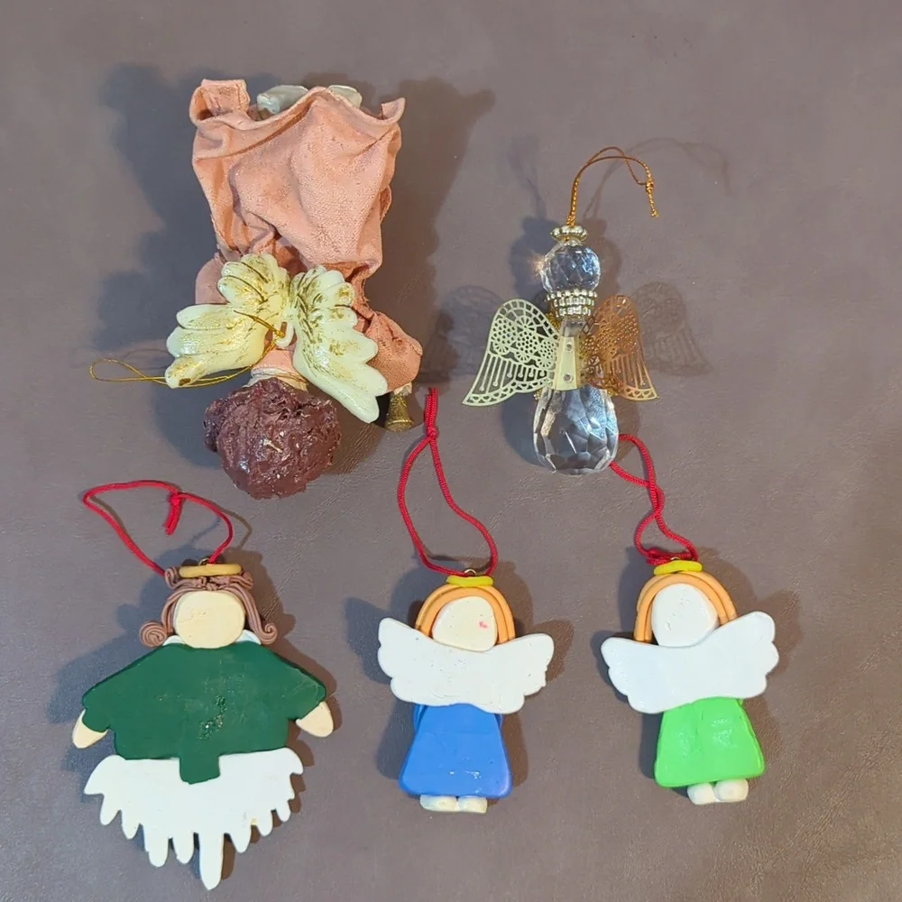 Angel 5 lot Ornaments Clay Girls Crystal cut Paper mache